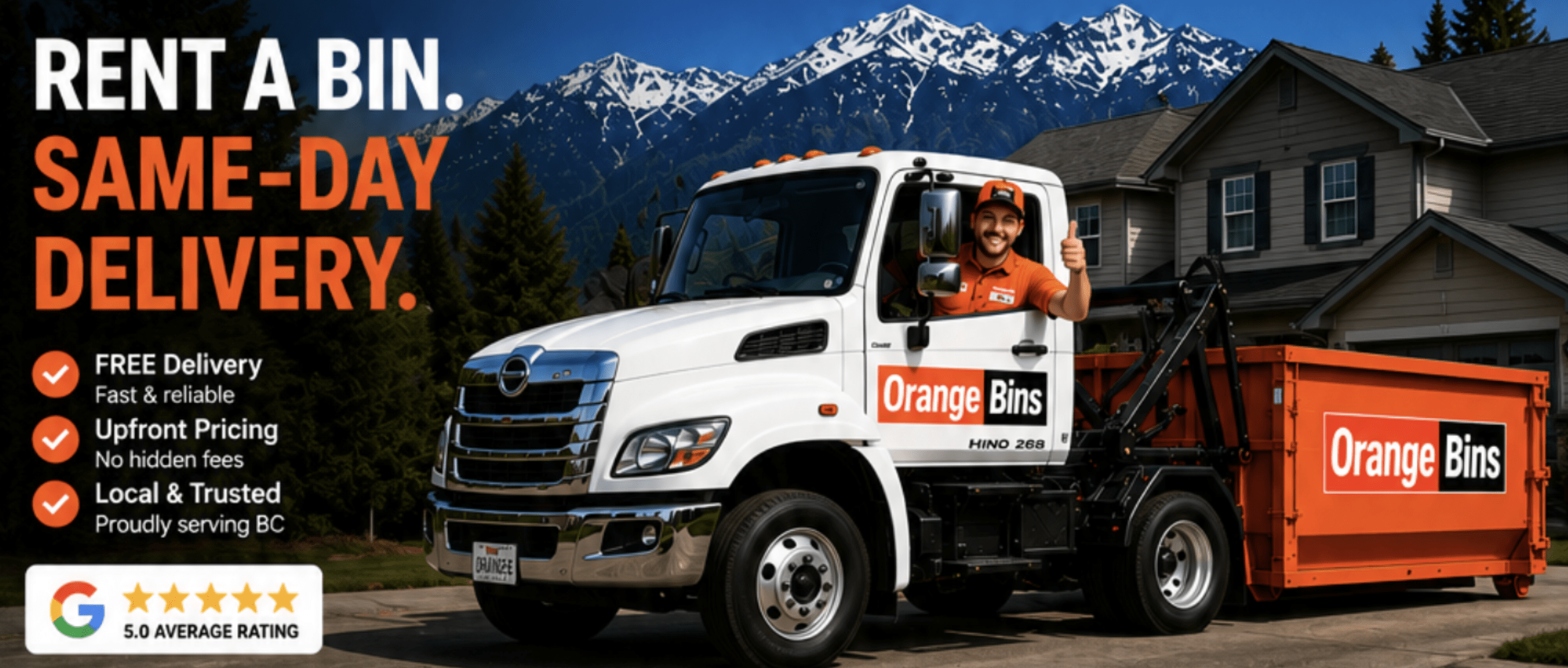Orange Bins disposal bin rental truck delivering a dumpster bin in Vancouver BC with same-day bin rental service
