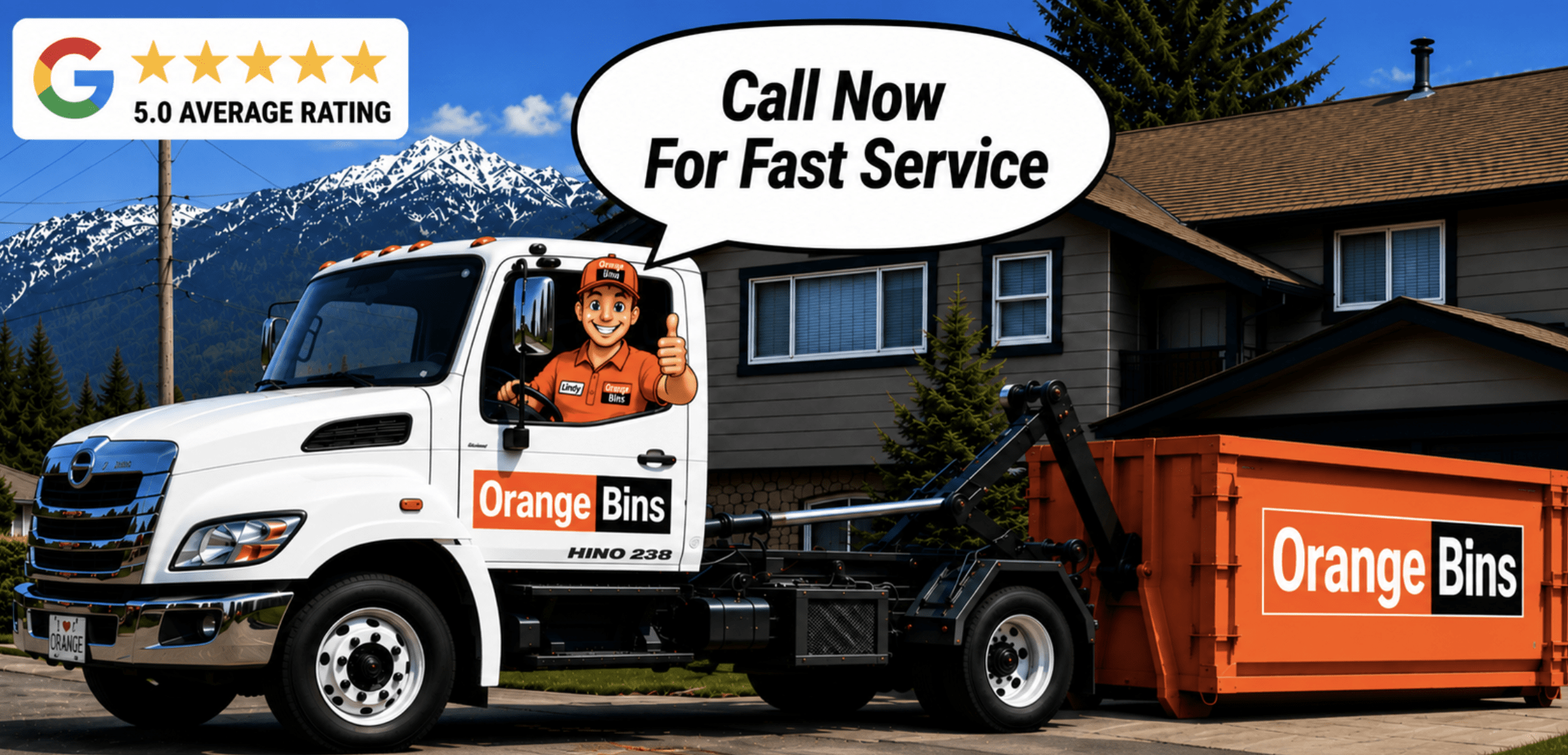 Orange Bins disposal bin rental truck delivering a dumpster bin in Vancouver BC with same-day bin rental service